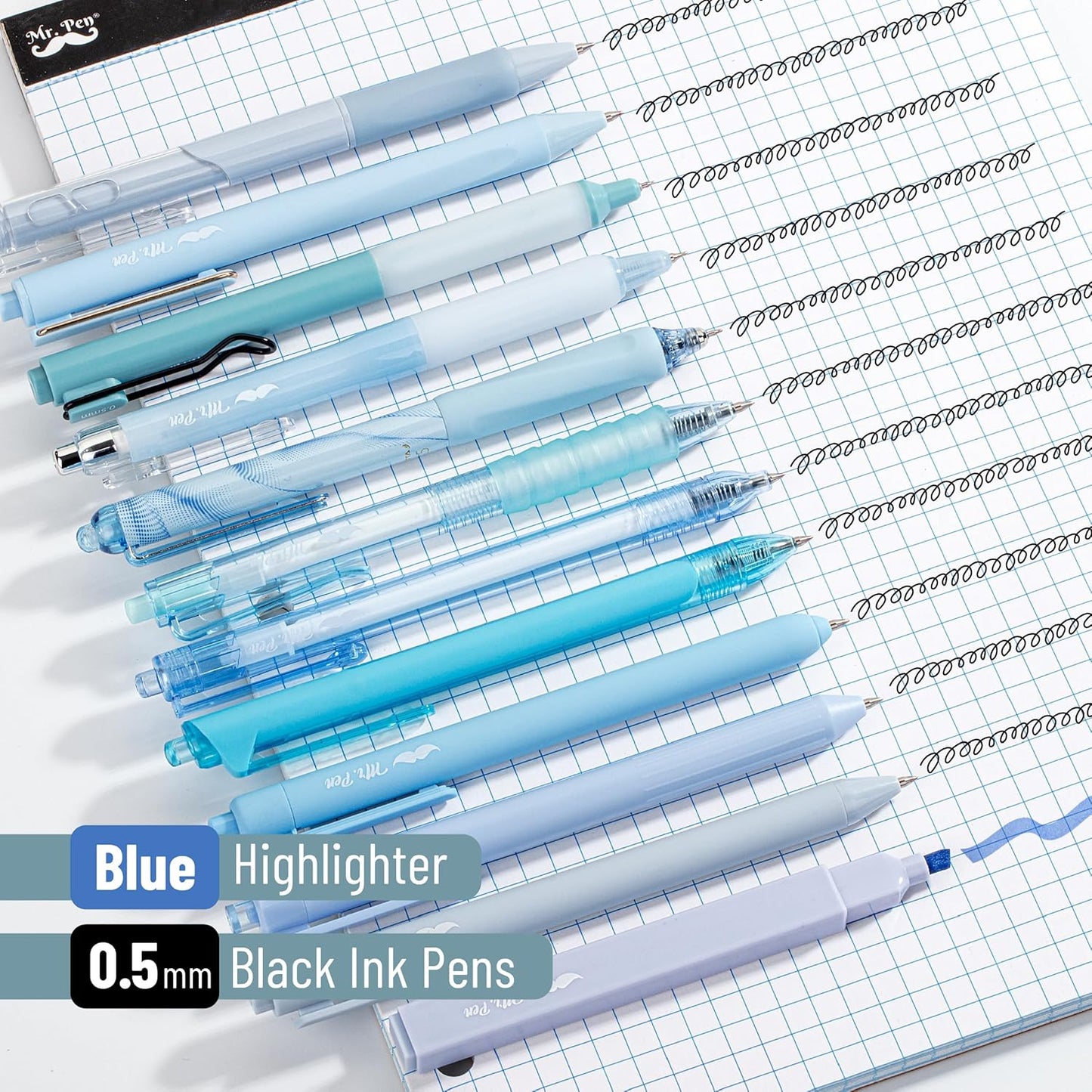 Mr. Pen- Gel Pen Set, 12 Pack, Pastel Blue Barrels, 1 x Aesthetic Highlighter, 0.5mm Black Ink Gel Pens for Journaling