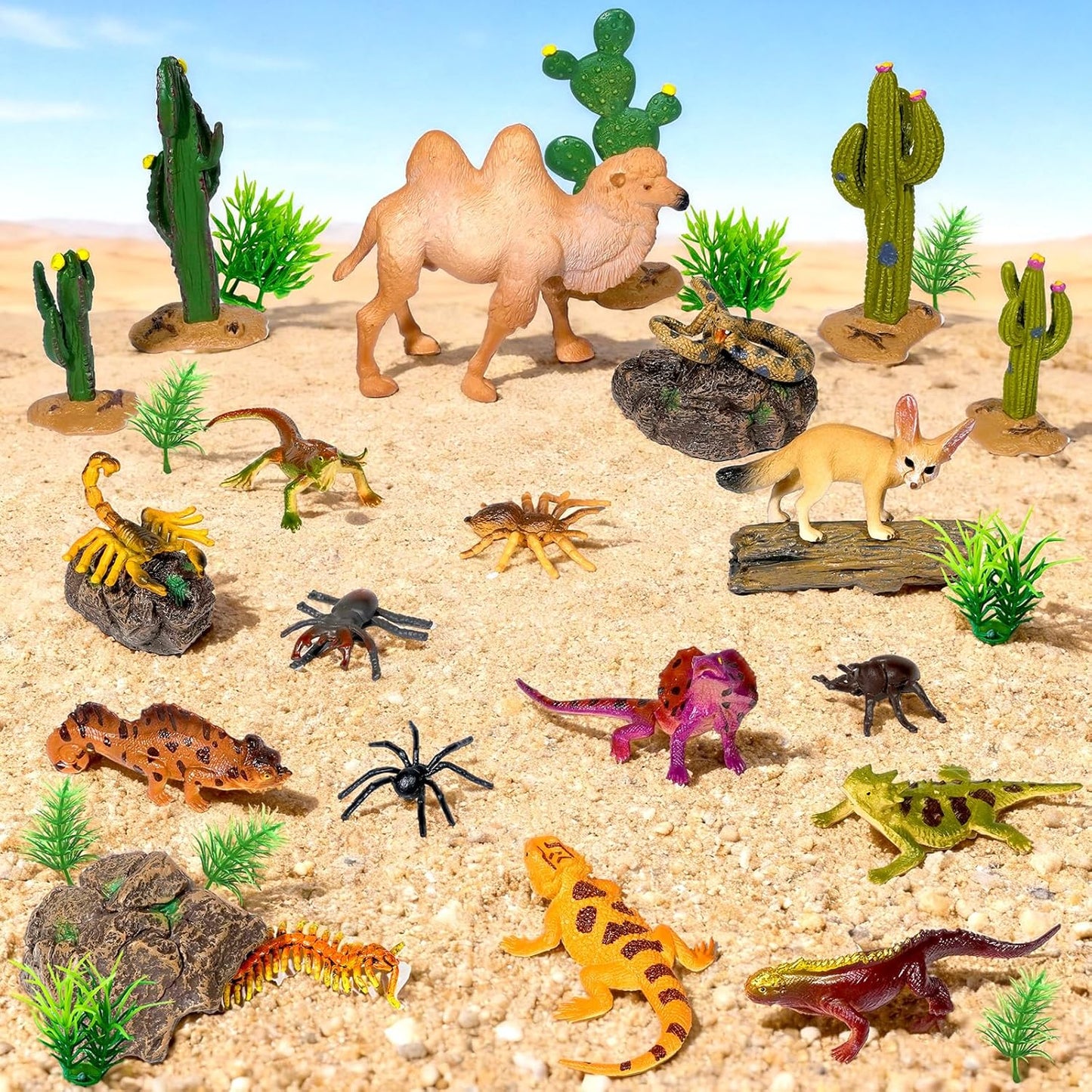 34 Pcs Desert Animals Figurines Set Model Trees Kit Desert Diorama Supplies Animals with Tree and Cactuses Figurines Resin Insects for Diorama Birthday Party