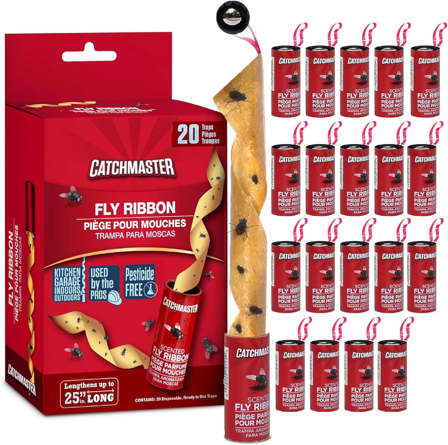Catchmaster Fly Ribbon 20-Pack, Bug & Fruit Fly Traps Outdoor and Indoor, Premium Adhesive Sticky Strips & Gnat Hanging Strips, Bulk Flying Insect Paper Rolls, Pesticide-Free Home Pest Control