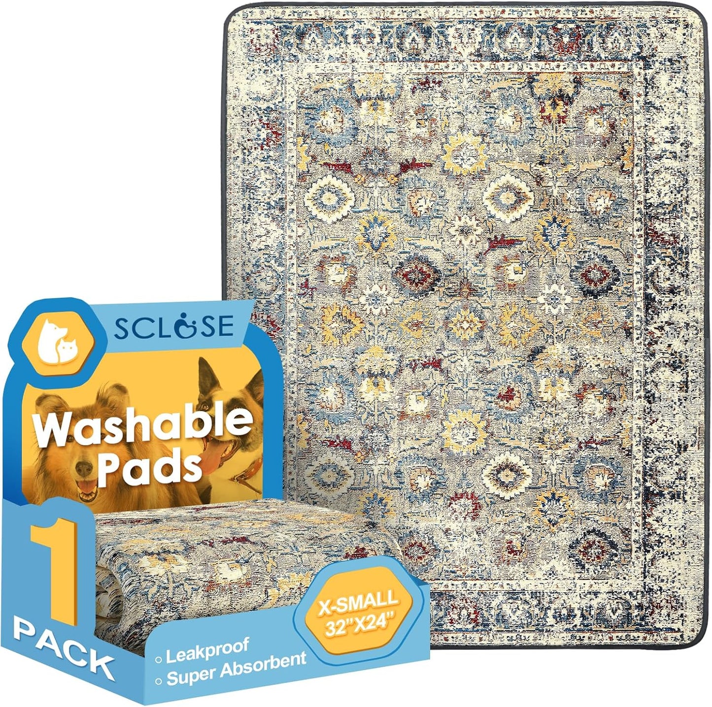 Washable Pee Pad for Dogs, 32" x 24" Reusable Puppy Pads Waterproof Dog Rugs, Super Absorbent, Leakproof, Dog Crate Pad, Playpen Mat, Whelping Pads, Vintage