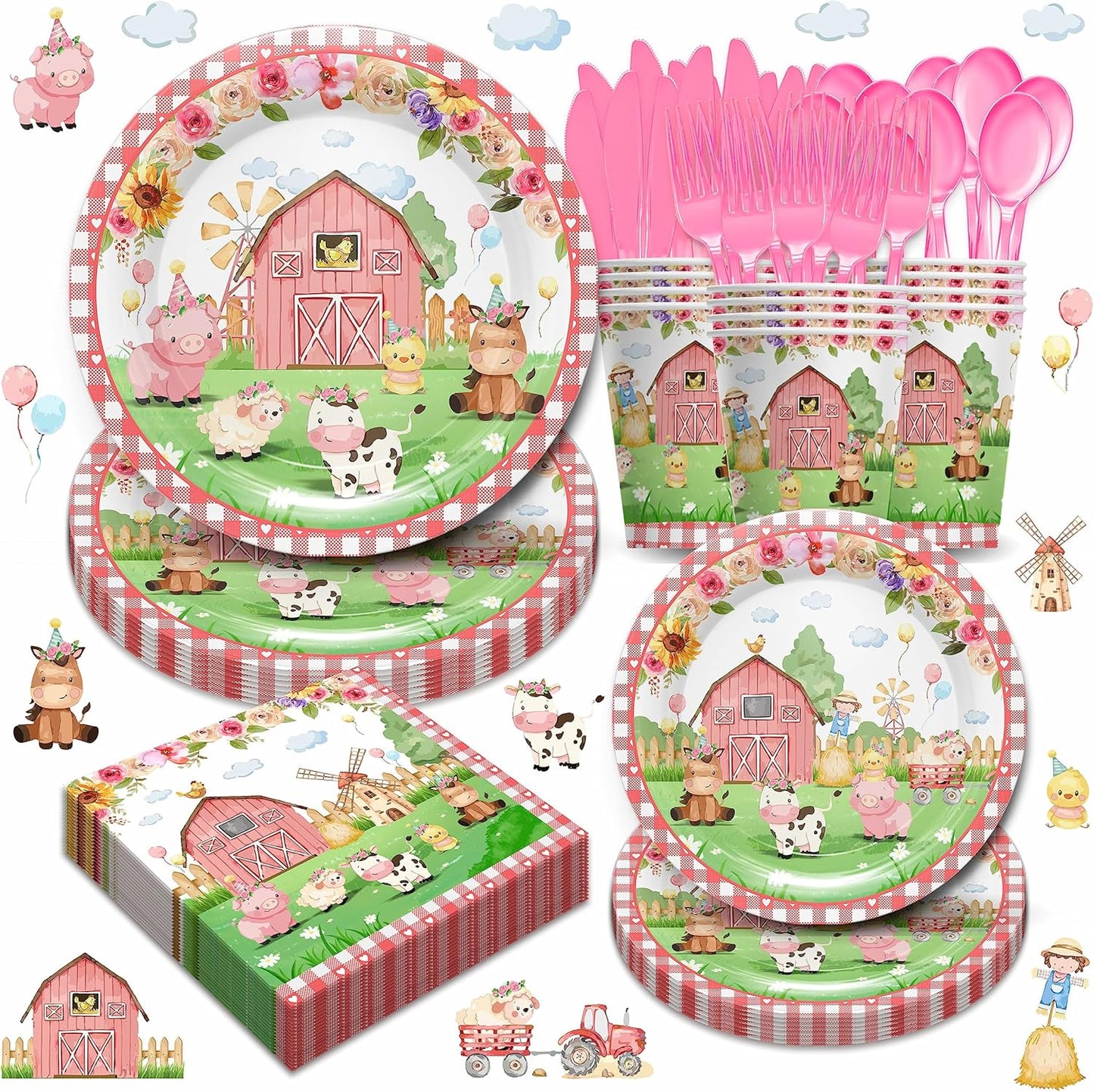 168pcs Pink Farm Animal Birthday Party Supplies for Girl - Baby Shower Decor Include Plates, Cups, Napkins | Serves 24 Barnyard Theme