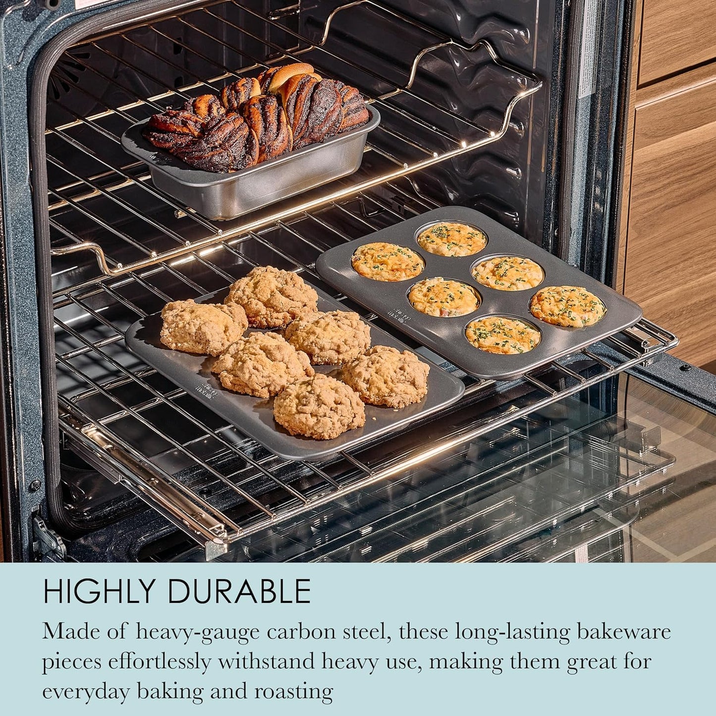 Chicago Metallic 7-Piece Nesting Bakeware Set - Carbon Steel Nonstick Baking Sheet, Loaf Pan, Muffin Pan, Cake Pan, Roaster and Cooling Rack - Space-Saving Kitchen Essentials
