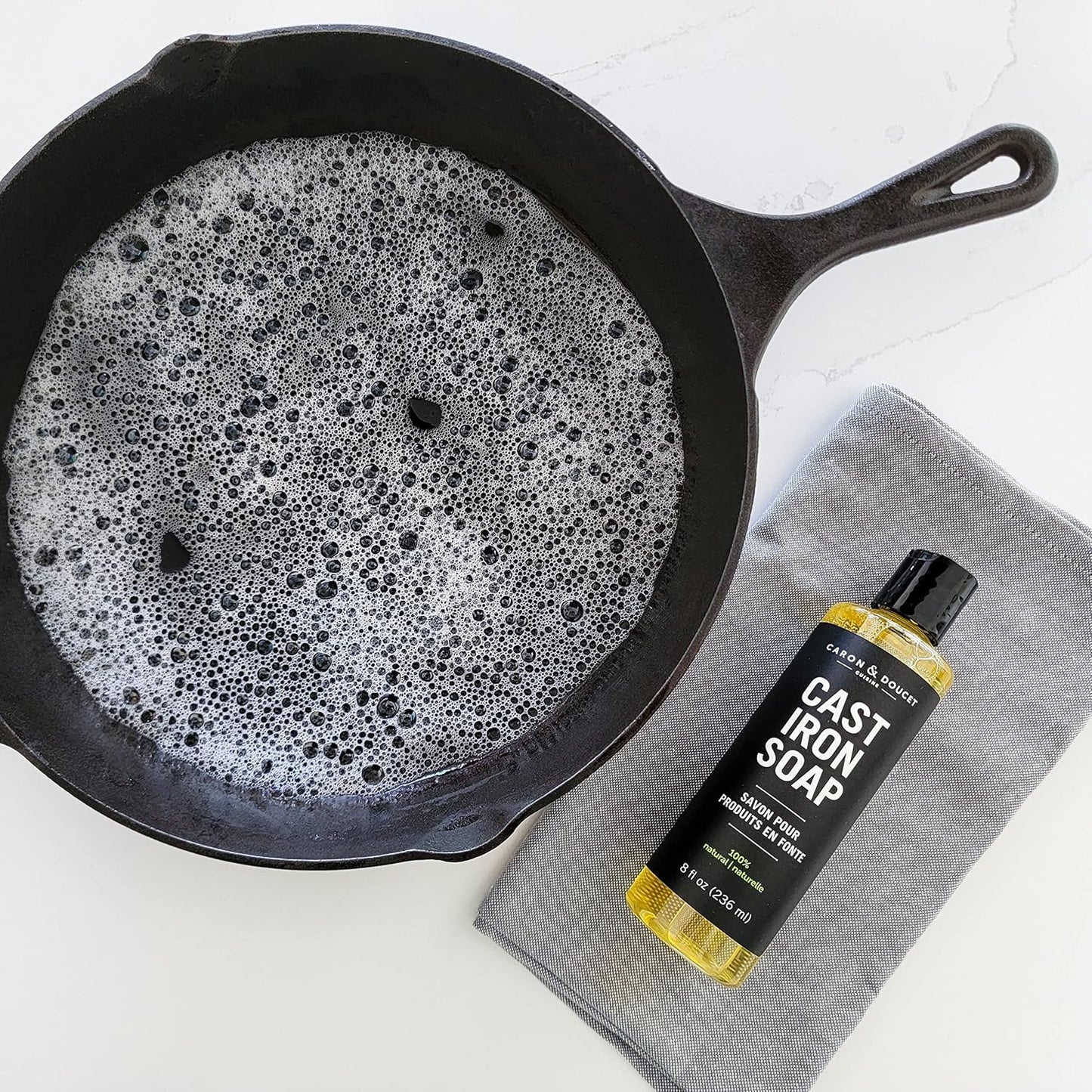 CARON & DOUCET - Cast Iron Cleaning & Conditioning Set: Seasoning Oil & Cleaning Soap | 100% Plant-Based | Best for Washing, Restoring & Seasoning Cast Iron Skillets, Pans & Grills! 8oz Each