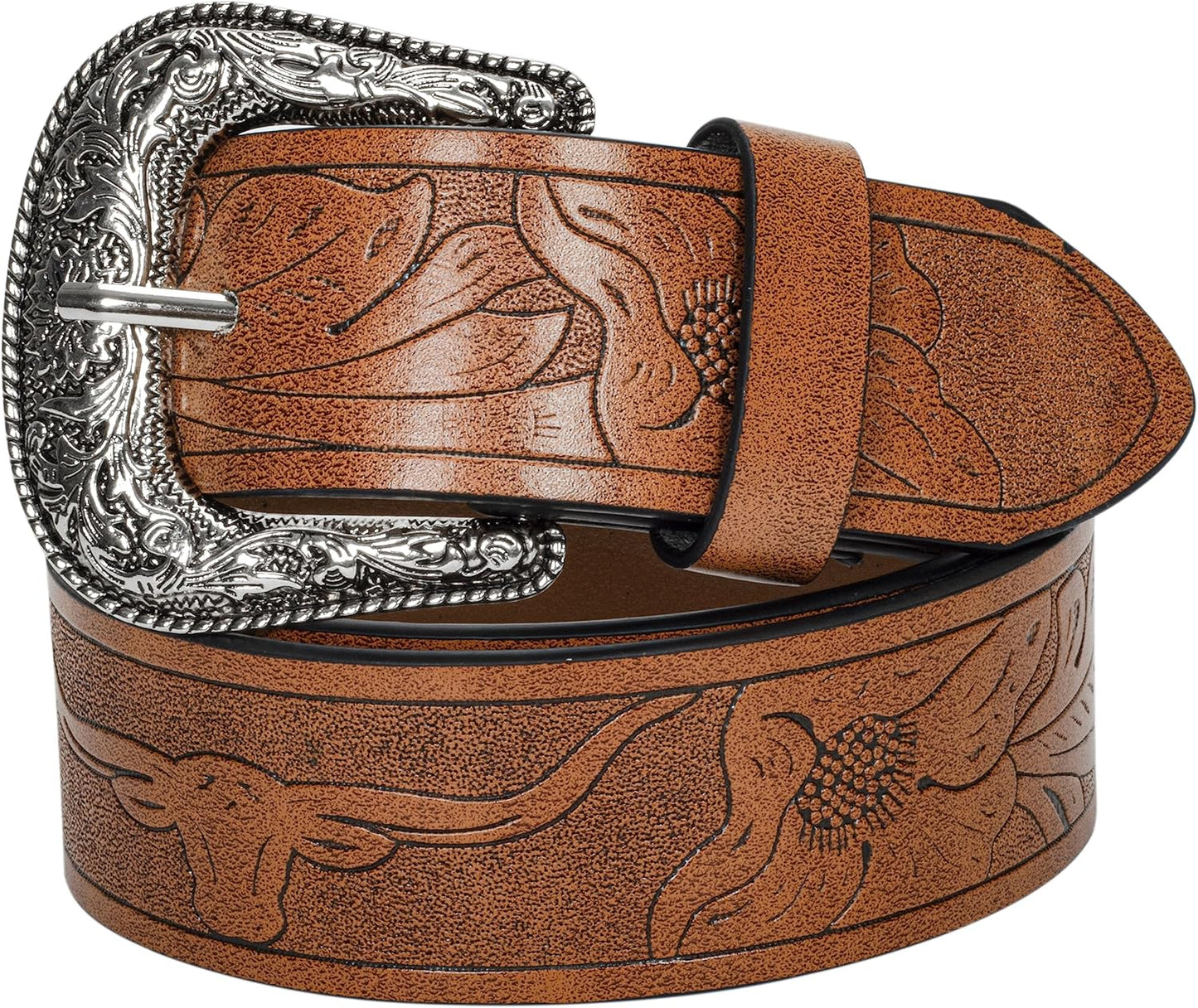 INOGIH Adjustable-Vintage-Western-Cowboy-Belt Women Men - Cowboy-Style Engraved-Buckle Belt for Jeans Pants Dresses