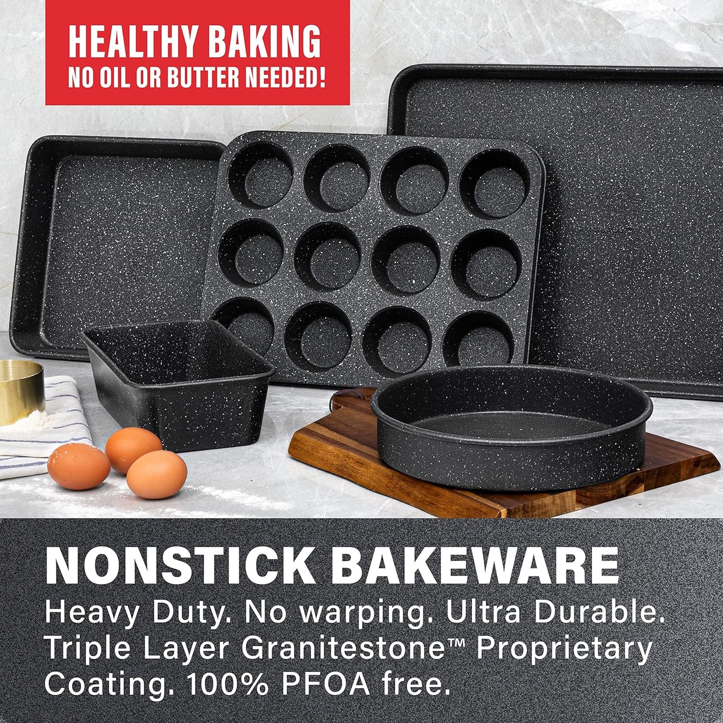 Granitestone Ultra Nonstick Bakeware Set, 5 Piece Dishwasher Safe Baking Pans Set with Muffin Pan, Loaf Pan, Round Baking Tray & Baking Sheet for Oven with Even Heating &No Warp Technology