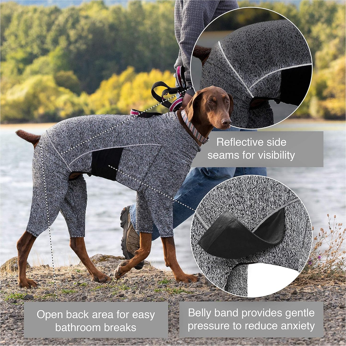 Kurgo Stowe Base Layer - Comfortable, Cold-Weather Pet Wear - Breathable Snug Fit - Dual-Zipper Dog Onesie - Reflective Side Seams - Dog Pajamas - Machine Washable - Large - Black/Grey