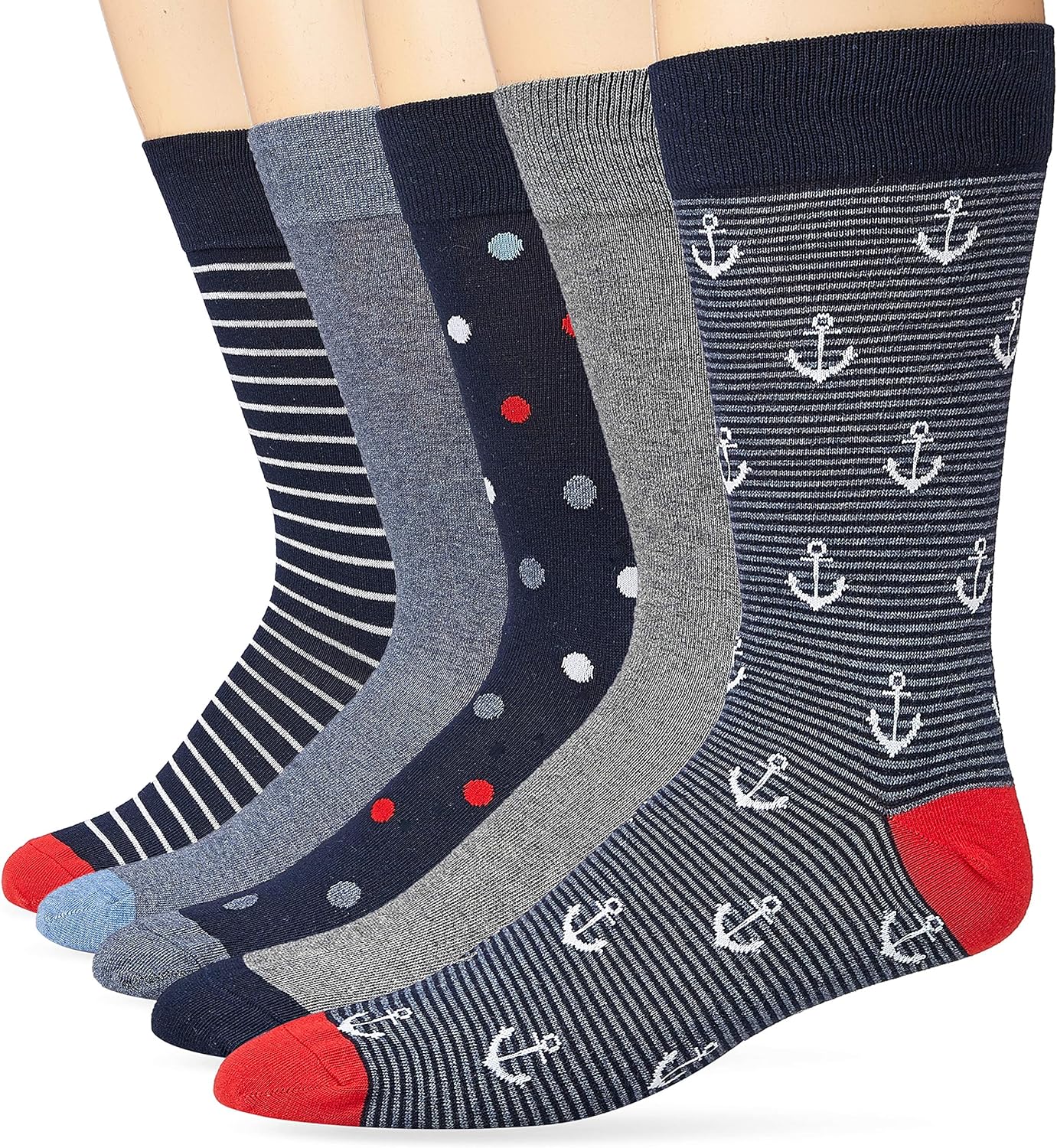 Amazon Essentials Men's Comfortable Patterned Cotton Crew Dress Socks, 5 Pairs