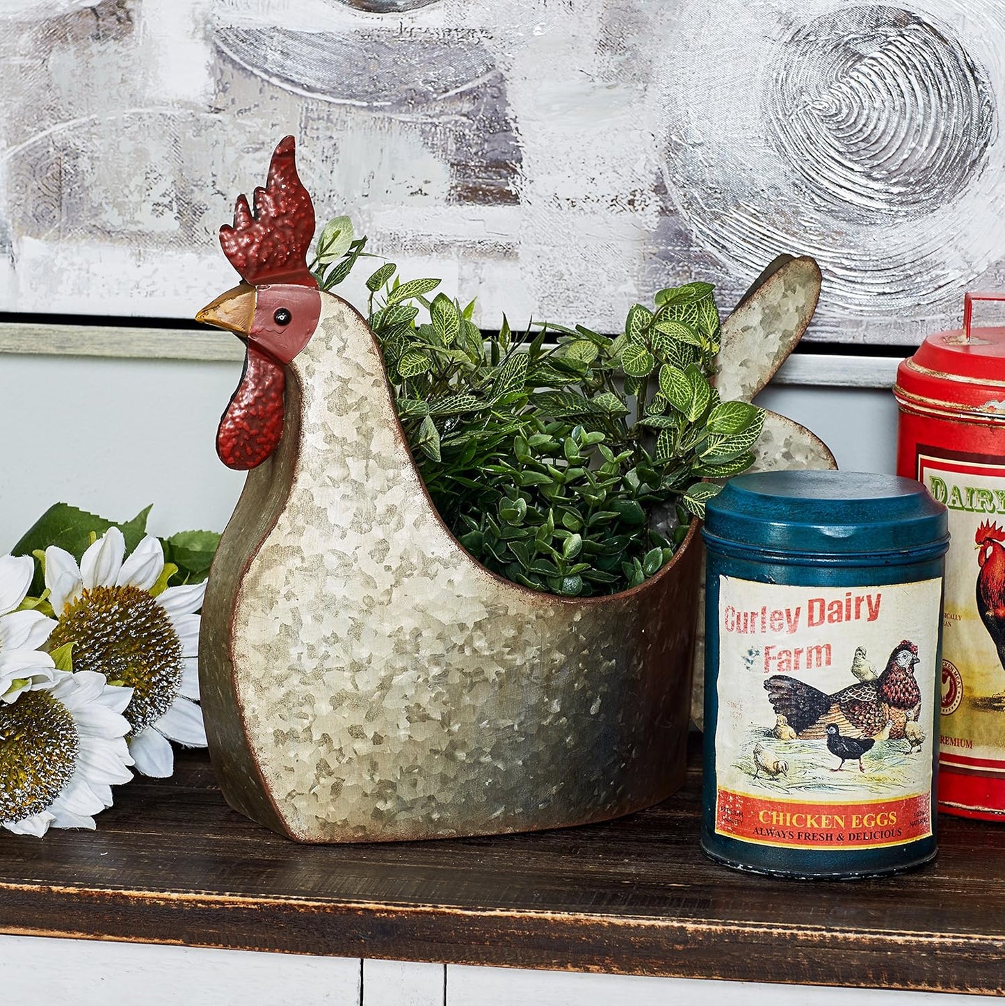 Deco 79 Metal Rooster Indoor Outdoor Planter Large Planter Pot, Planter 12" x 8" x 16", Gray