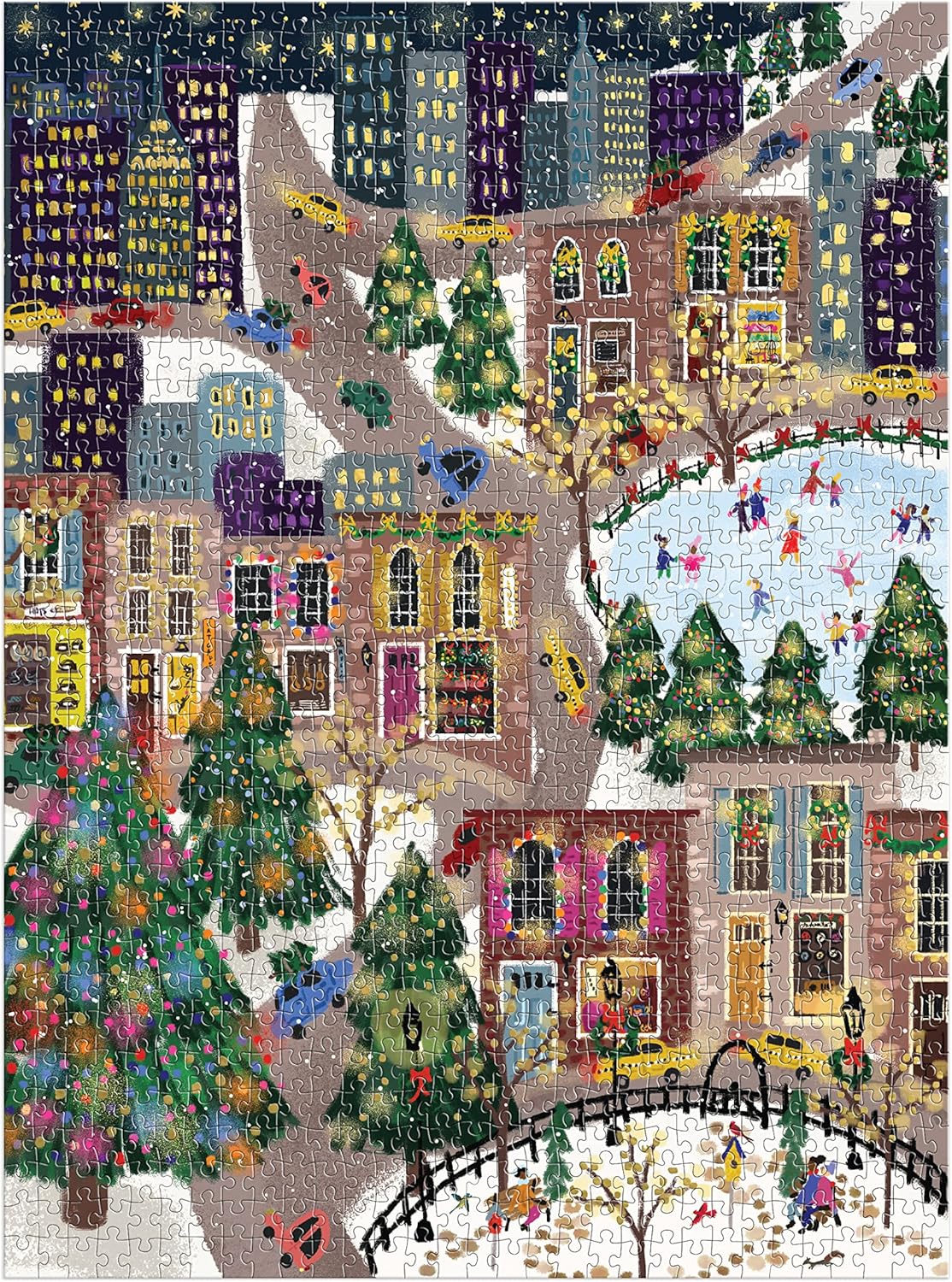 Galison Sparkling City – 1000 Piece Foil Puzzle with Illustrations of Colorful Merriments in The City with Gold Foil Accents