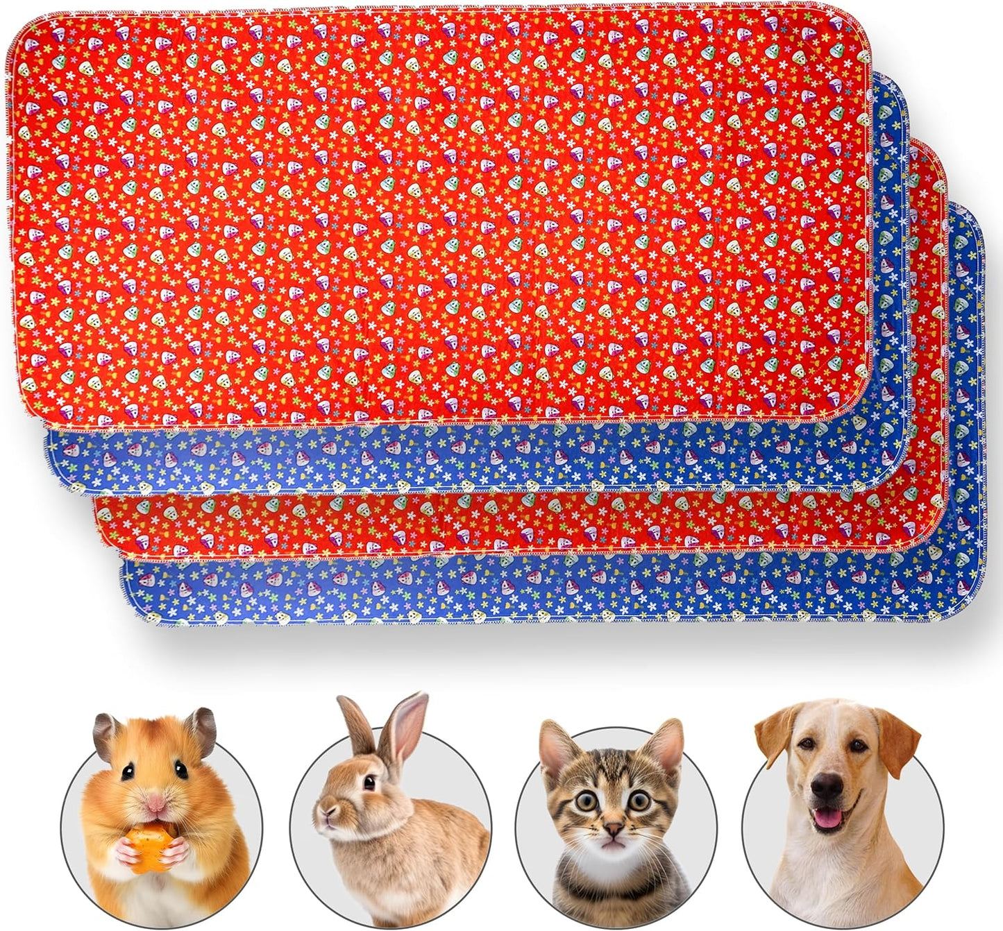 Guinea Pig Cage Liner - Pack of 4 Washable Pee Pads for Dogs, Smooth Fleece Guinea Pig Bedding for Cage & Crates, Reusable & Waterproof Puppy Pee Pads - 47x24 Inches, Red Blue Piggies