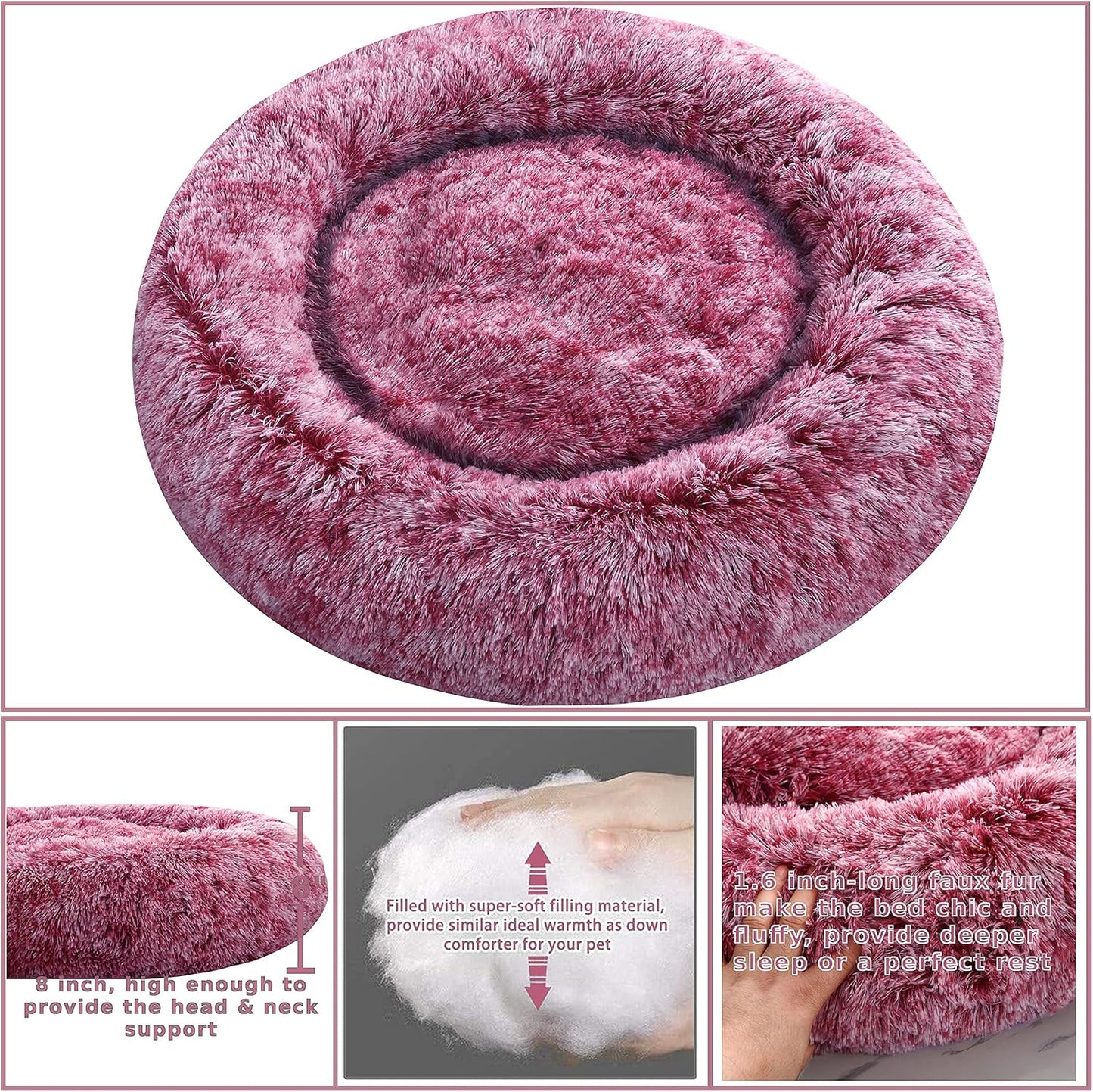 Calming Donut 강아지 침대, 114.3cm(45인치) 원형 쿠션, 탈착식 세탁 가능한 커버, 불안감 방지 인조 모피 커들러, 푹신하고 편안한 털 반려동물 침대 (핑크, 114.3cm(45인치))