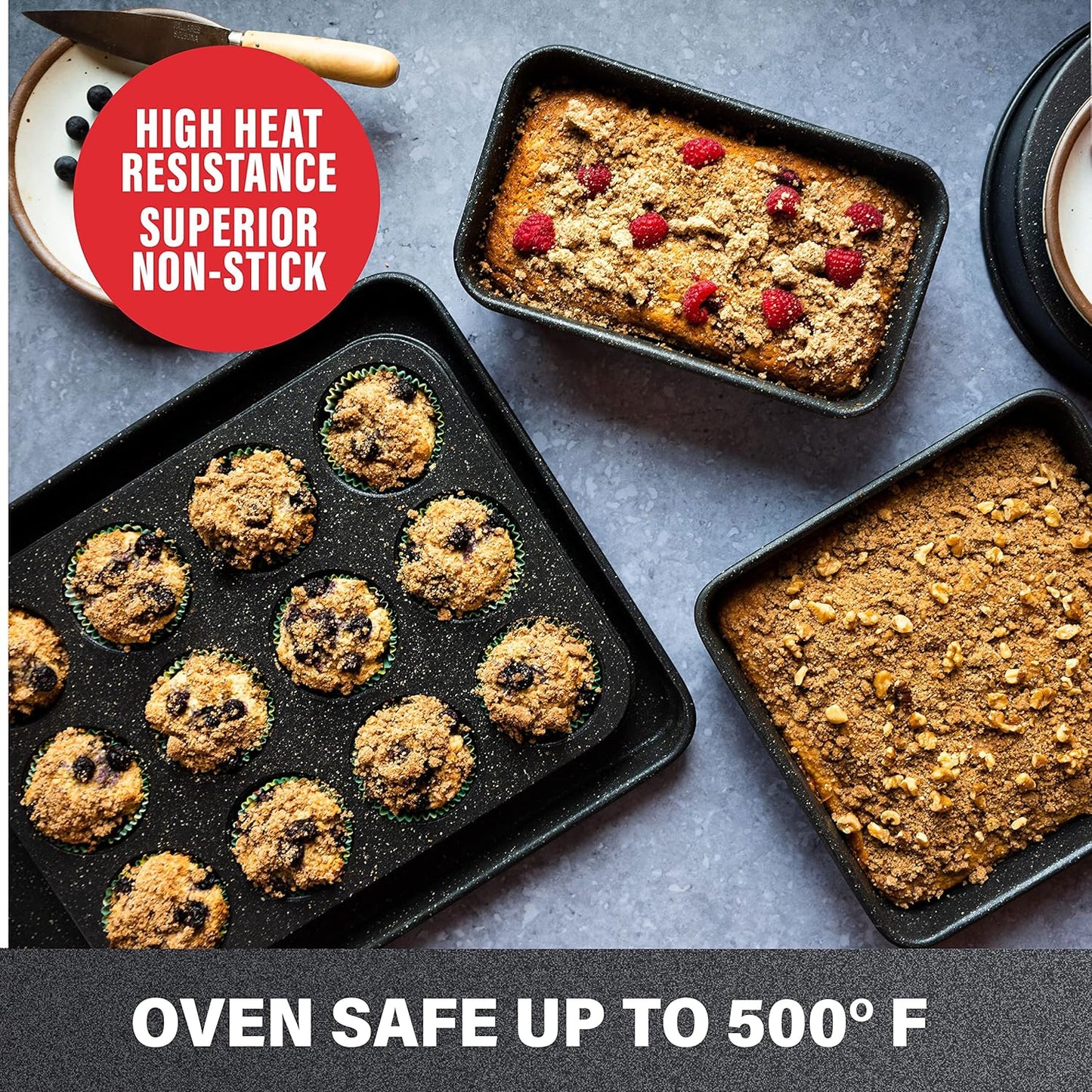 Granitestone Ultra Nonstick Bakeware Set, 5 Piece Dishwasher Safe Baking Pans Set with Muffin Pan, Loaf Pan, Round Baking Tray & Baking Sheet for Oven with Even Heating &No Warp Technology