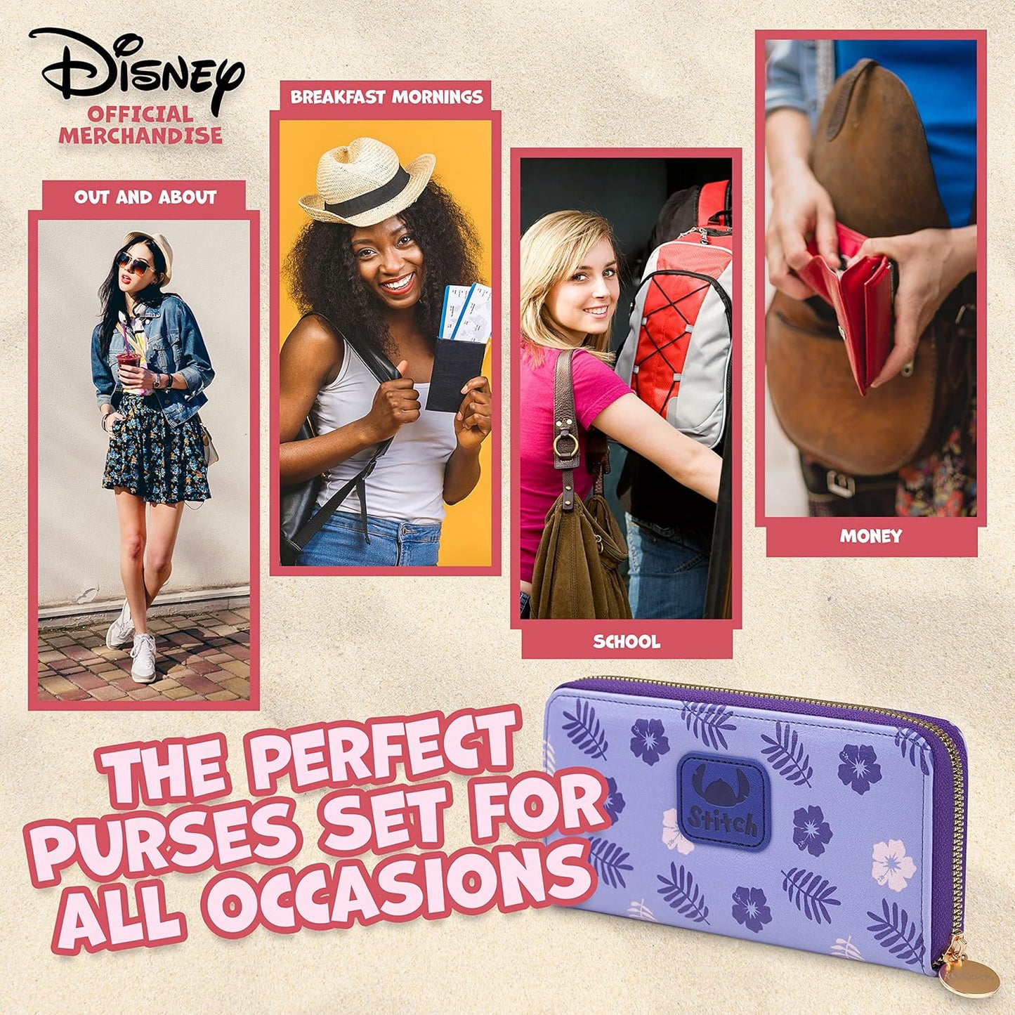 Disney Stitch Wallet Women Teenagers Girls Zip Around Card Cash Coin Purse Cute Clutch Wallet for Travel Work Gifts for Her (Purple Stitch)