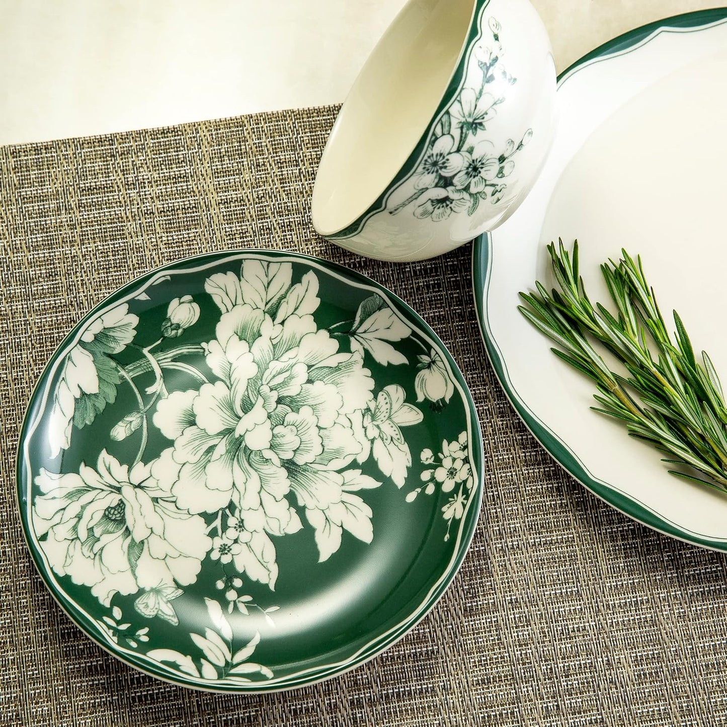 222 Fifth 12-Piece Porcelain Dinnerware Set for 4, White & Sage Green Plates and Bowls Set, Glossy Ceramic Dish Set with Detailed Floral Design, Microwave & Dishwasher Safe Dishes for Dining, Brittany