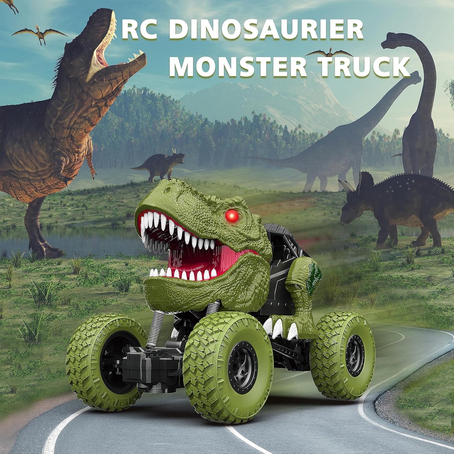 Remote Control Dinosaur Car for Kids Boys, 2.4Ghz All Terrain Remote Control Dinosaur Truck with Light, Rechargeable 4WD Off Road RC Car Toys for Kids 3 4 5 6 7 8-12 Year Old Boys Girls Birthday Gift