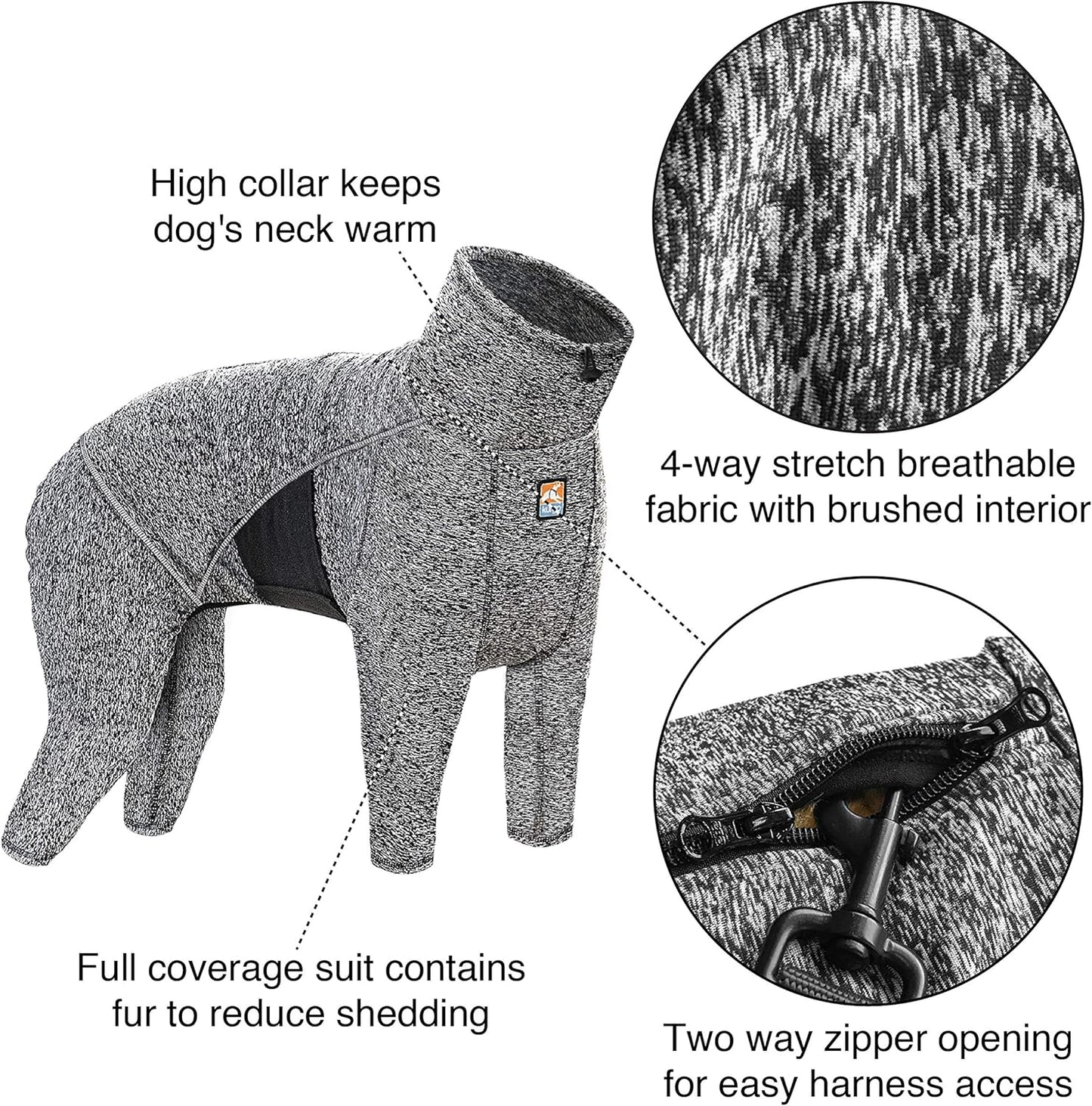 Kurgo Stowe Base Layer - Comfortable, Cold-Weather Pet Wear - Breathable Snug Fit - Dual-Zipper Dog Onesie - Reflective Side Seams - Dog Pajamas - Machine Washable - Large - Black/Grey