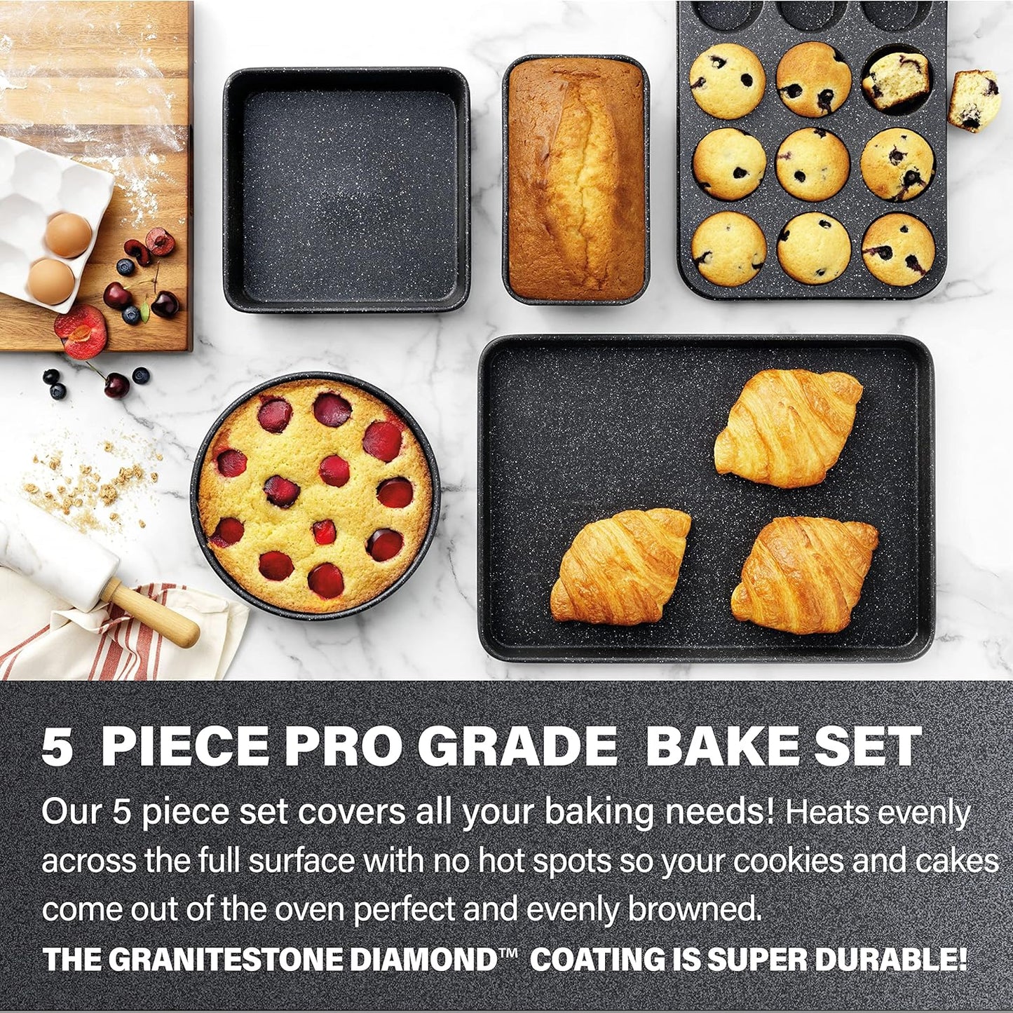 Granitestone Ultra Nonstick Bakeware Set, 5 Piece Dishwasher Safe Baking Pans Set with Muffin Pan, Loaf Pan, Round Baking Tray & Baking Sheet for Oven with Even Heating &No Warp Technology