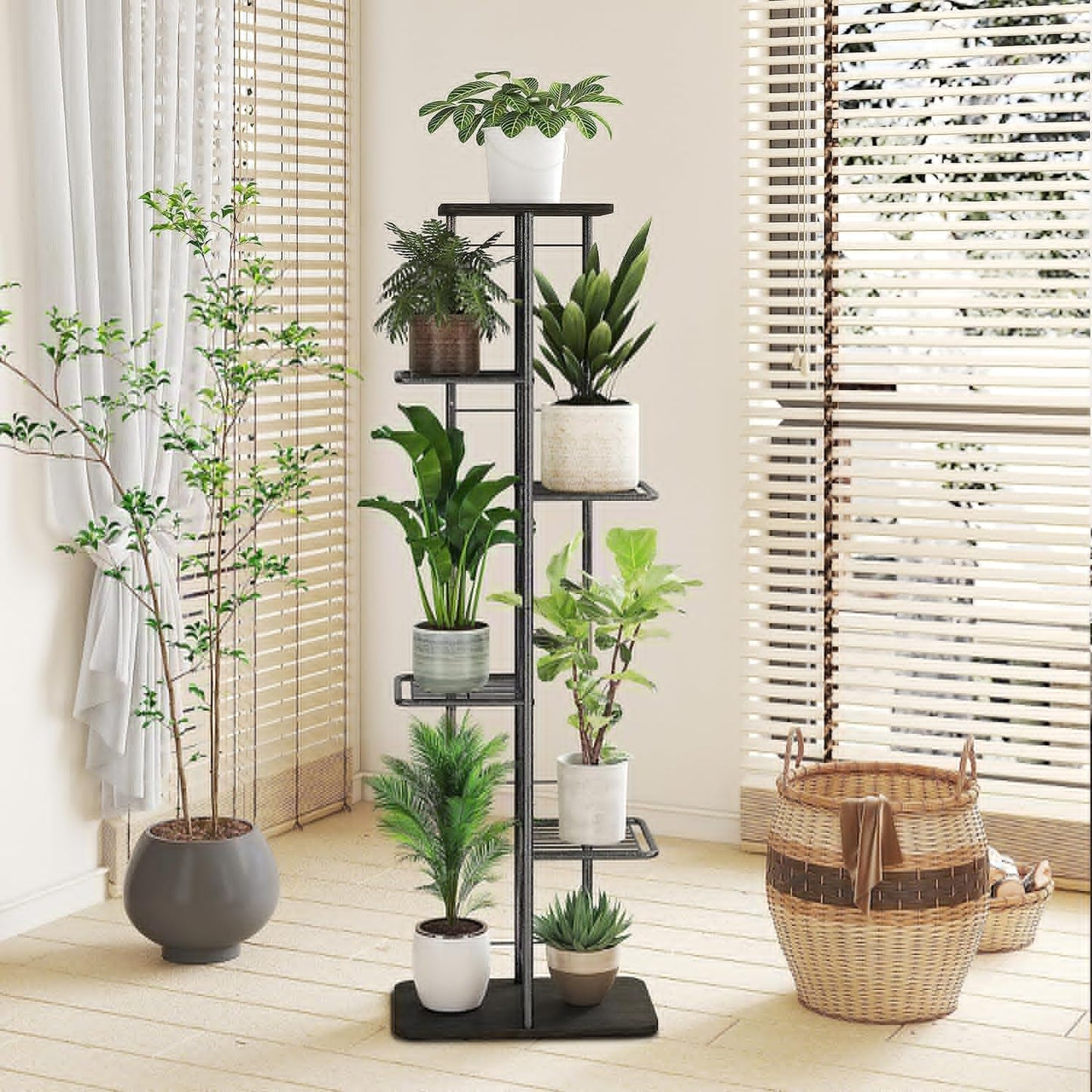 Simple Trending Plant Stand Shelf Indoor Outdoor Waterproof, 6-Tier 7 Potted Heavy Duty Metal Tall Flower Holder for Multiple Corner Display
