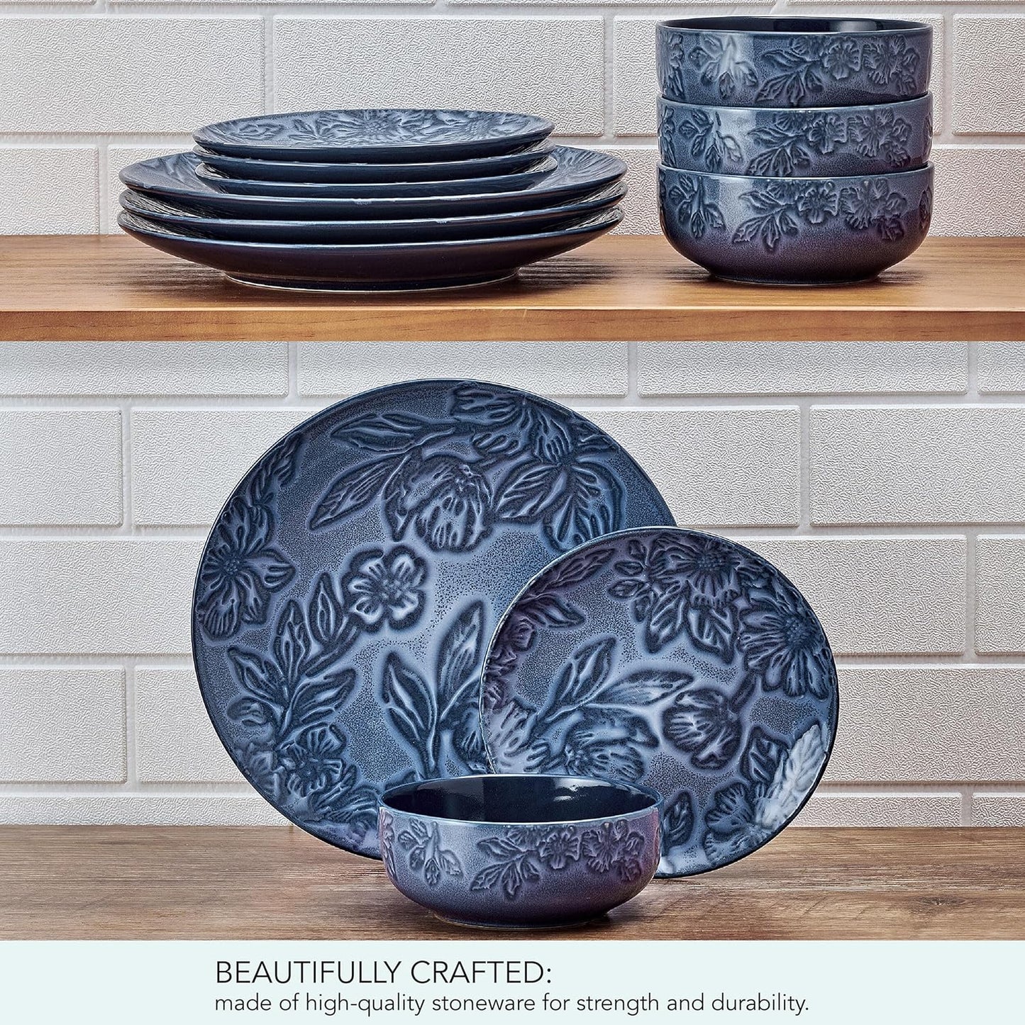 Paltzgraff Garden Elegance 12 Piece Floral Stoneware Dinnerware Plate Bowl Dish Set, Service for 4, Blue