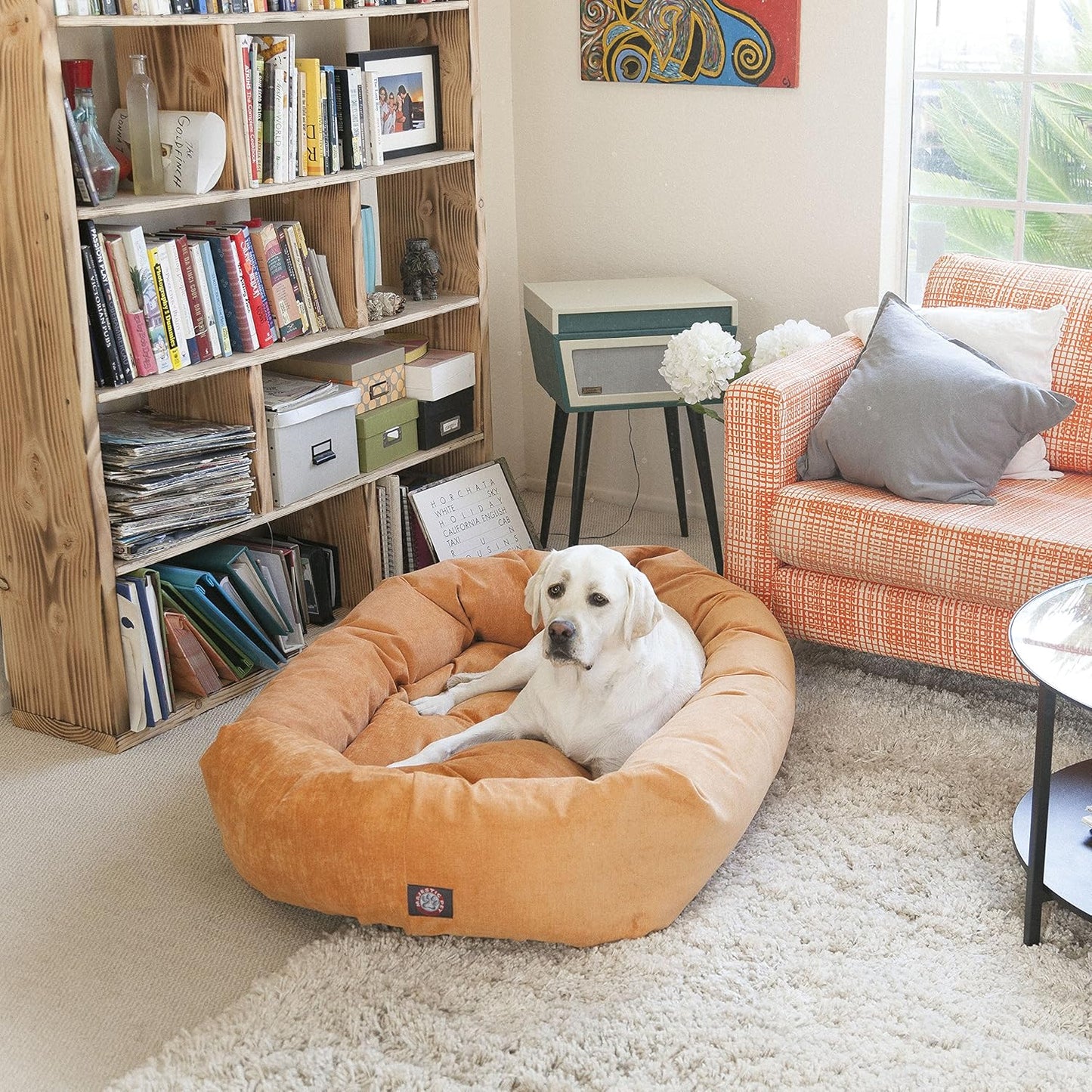 Majestic Pet 40 Inch Micro Velvet Calming Dog Bed Washable – Cozy Soft Round Dog Bed with Spine for Head Support - Fluffy Donut Dog Bed 40x29x9 (inch) – Round Pet Bed Large - Vintage